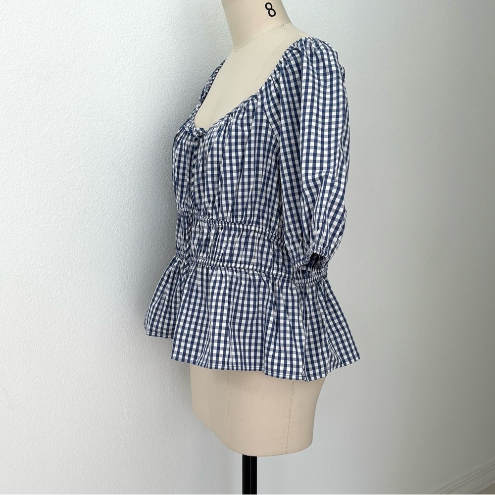 Gap Factory Puff Sleeve Cinched-Waist Top NWT Cotton Blue & White Gingham XL - Picture 4 of 8